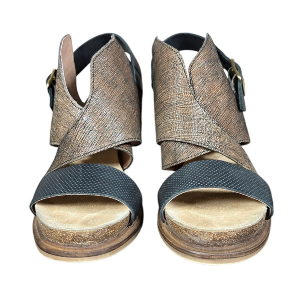 Anthro Coque Terra Sanne Heels Womens 39 Black Brown Shimmer Leather Sandals - Picture 6 of 14